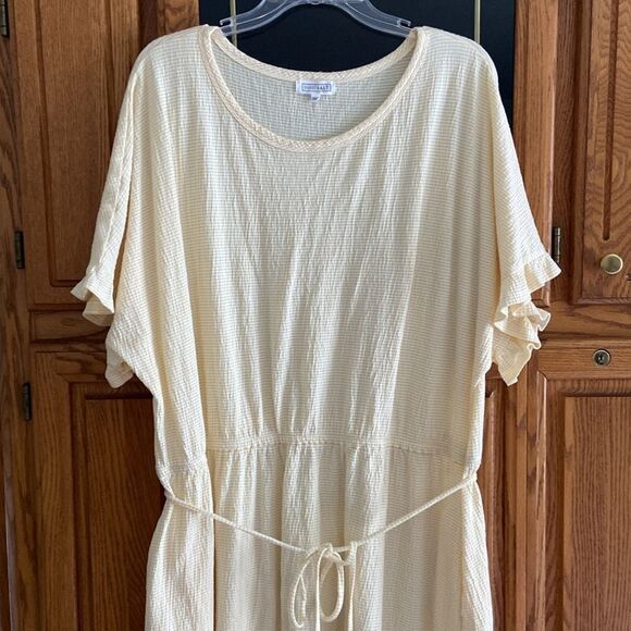 Yellow Striped Knit Dolman Sleeve Casual Modest Summer Midi Dress with belt - Picture 3 of 8